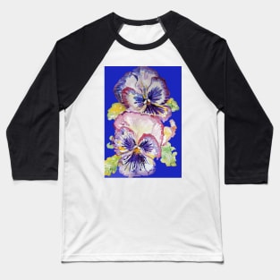 Pansy Watercolor Purple Flower Pattern on Navy Blue Baseball T-Shirt